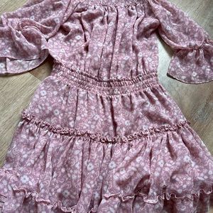 Pink flows off the shoulder dress